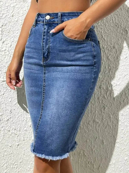 Angelhao Women's High Elastic Slim Denim Skirt - Casual Knee-Length Style - Buy Center