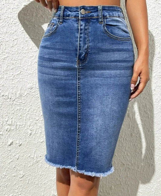 Angelhao Women's High Elastic Slim Denim Skirt - Casual Knee-Length Style - Buy Center