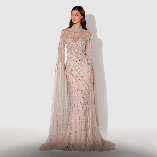 Sharon Said Black Mermaid Evening Dress - Cape Sleeves, High Neck - Buy Center