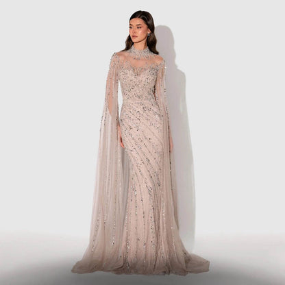 Sharon Said Black Nude Mermaid Evening Dress - High Neck, Cape Sleeves - Buy Center