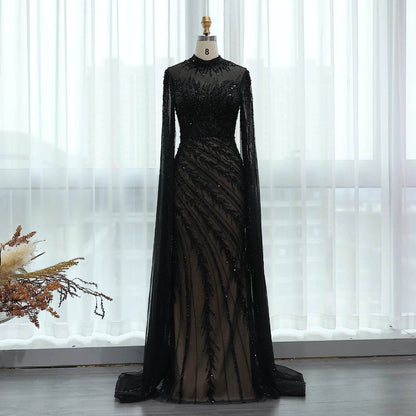 Sharon Said Black Mermaid Evening Dress - Cape Sleeves, High Neck - Buy Center