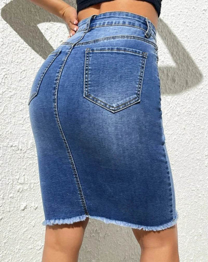 Angelhao Women's High Elastic Slim Denim Skirt - Casual Knee-Length Style - Buy Center