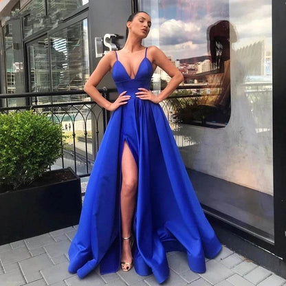 Elegant V Neck Satin Evening Dress - Spaghetti Strap Side Slit - Buy Center