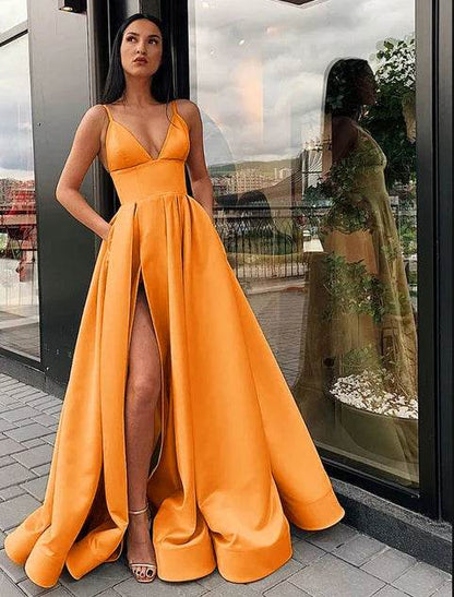Elegant V Neck Satin Evening Dress - Spaghetti Strap Side Slit - Buy Center