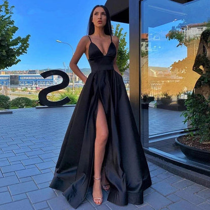 Elegant V Neck Satin Evening Dress - Spaghetti Strap Side Slit - Buy Center