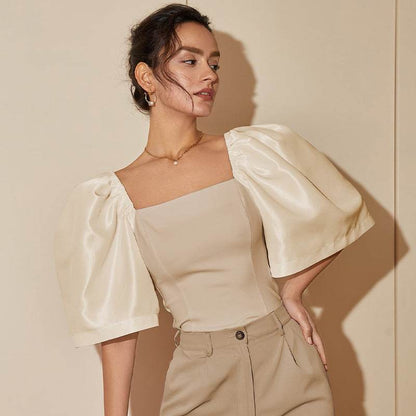 Women's Retro Lantern Sleeve Top - Elegant Square Collar, Stylish Design - Buy Center