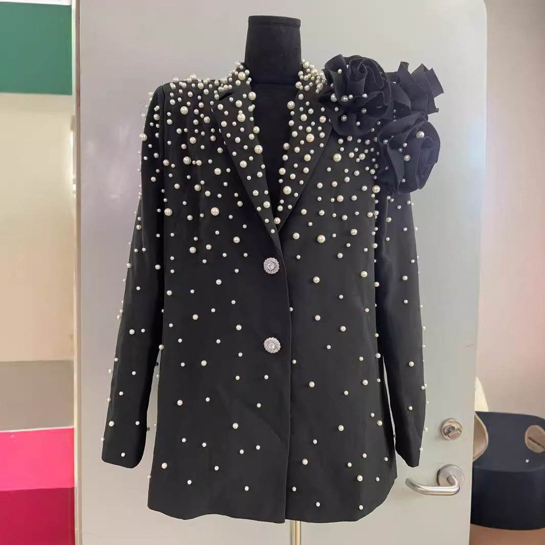 Elegant Beaded Suit Collar Jacket - Three-Dimensional Flower Detail - Buy Center