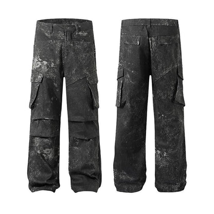 Men's Distressed Cargo Pants - Multi-Pocket, Trendy Splashed Ink Style - Buy Center