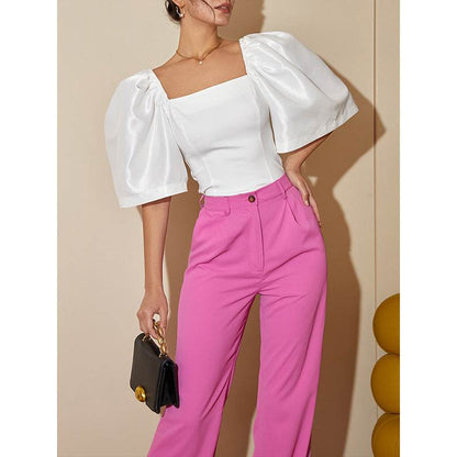 Women's Retro Lantern Sleeve Top - Elegant Square Collar, Stylish Design - Buy Center