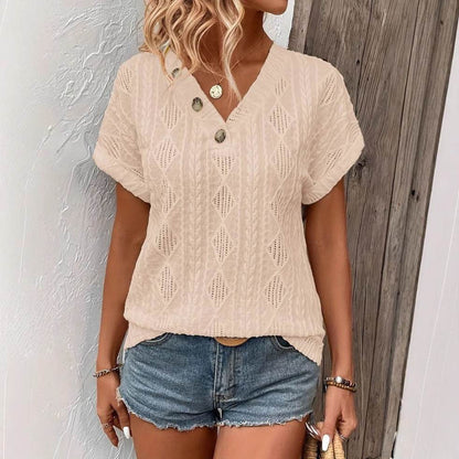 Spring & Summer V-Neck Jacquard Top - Trendy Button Blouse for 2025 - Buy Center