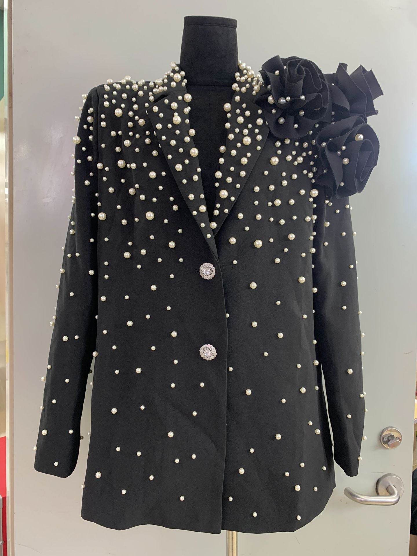 Elegant Beaded Suit Collar Jacket - Three-Dimensional Flower Detail - Buy Center