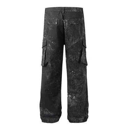 Men's Distressed Cargo Pants - Multi-Pocket, Trendy Splashed Ink Style - Buy Center