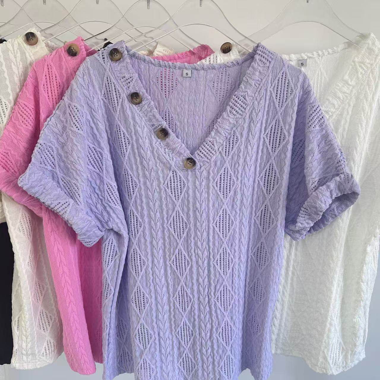 Spring & Summer V-Neck Jacquard Top - Trendy Button Blouse for 2025 - Buy Center