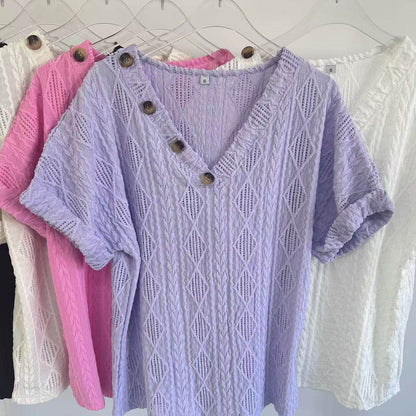 Spring & Summer V-Neck Jacquard Top - Trendy Button Blouse for 2025 - Buy Center