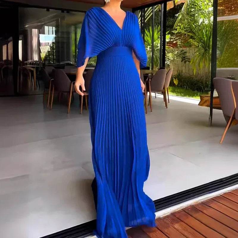 Elegant Women's V-Neck Robe Dress - Casual 3/4 Sleeves, Pleated - Buy Center