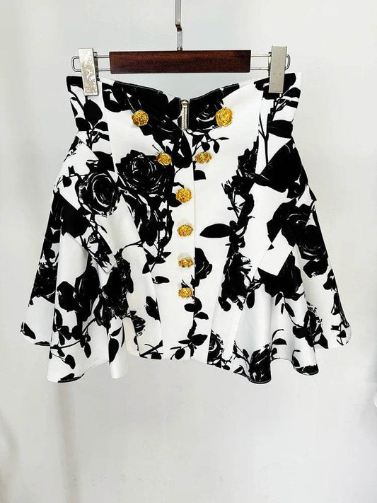 O'ZACKET 2024 Floral Mini Skirt with Metal Rose Buttons - Women’s Fashion - Buy Center