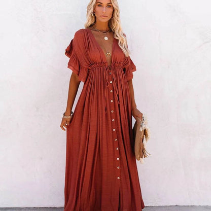 LCSKEREAL Women's Summer V-Neck Bikini Cover Up - Bohemian Style Dress - Buy Center