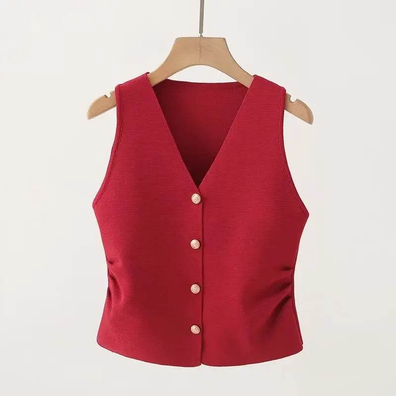 Fictitni Women's Gold Button Front Vest - Chic Spring Summer Style - Buy Center