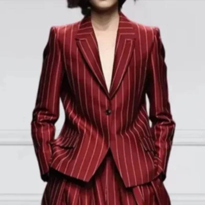 Beautyblue Women's Vintage Blazer Set - Striped Trousers & Long Sleeves - Buy Center