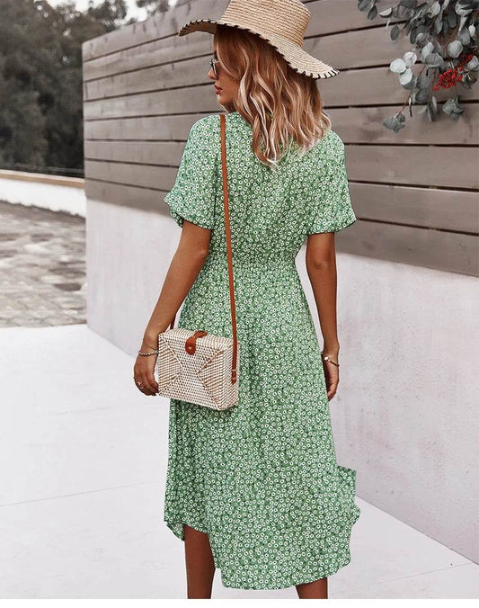 Bohemian Floral Print Midi Dress - Short Sleeve V-Neck Women's Wear - Buy Center