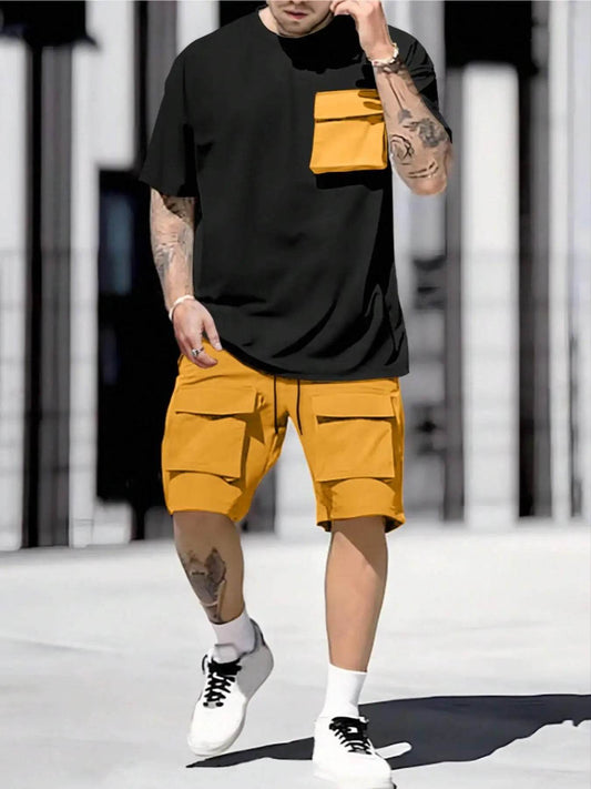 Men's Color-Blocked Casual Suit - Short Sleeves & Drawstring Shorts - Buy Center