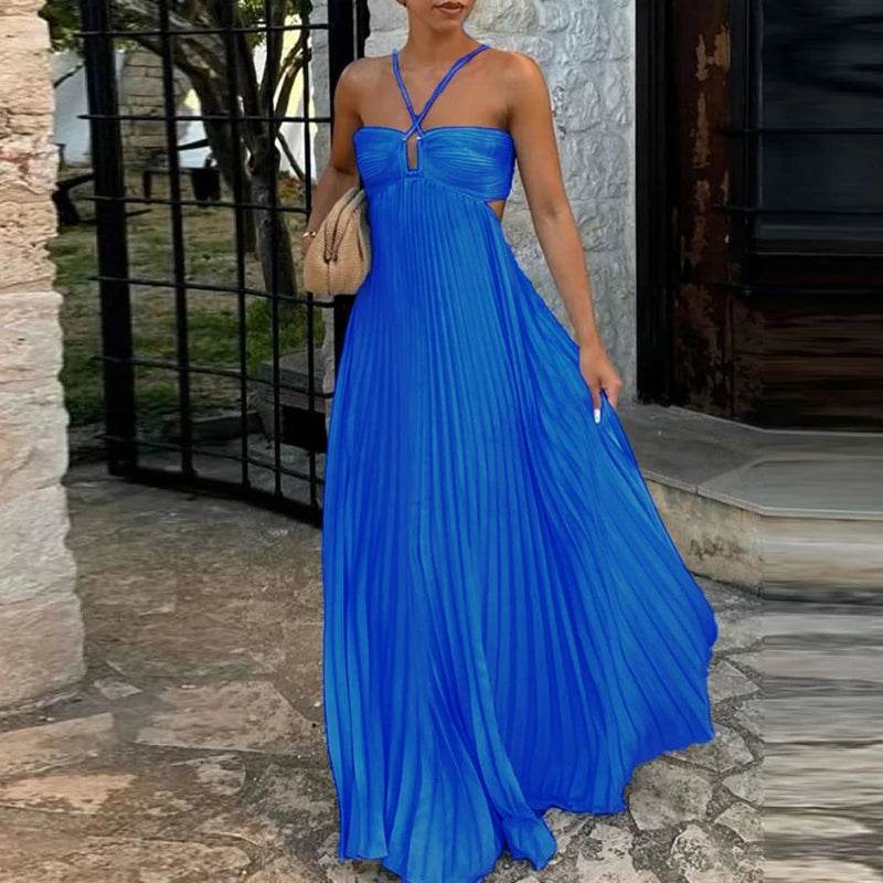 ELSVIOSE Blue High Waist Pleated Dress - Sexy Halter Sleeveless Summer - Buy Center