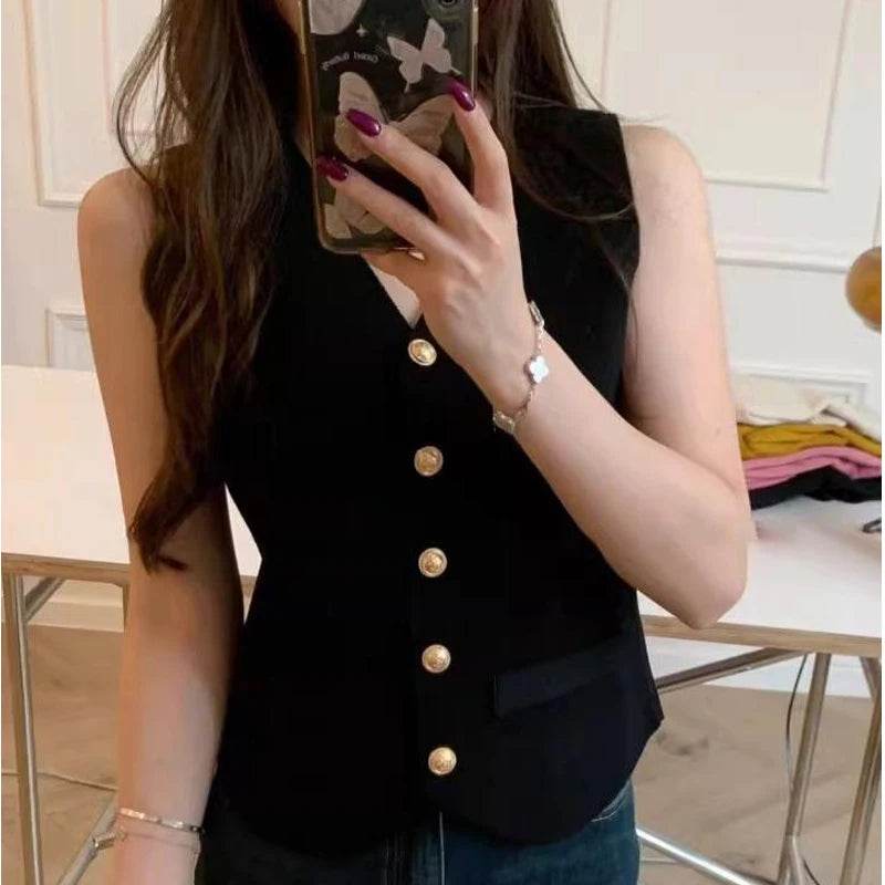 TEROKK Women's V-Neck Knitted Vest - Slim Fit, Solid Color Style - Buy Center