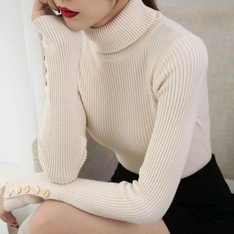 AOSSVIAO Women's Knitted Turtleneck Sweater - Button Long Sleeve - Buy Center