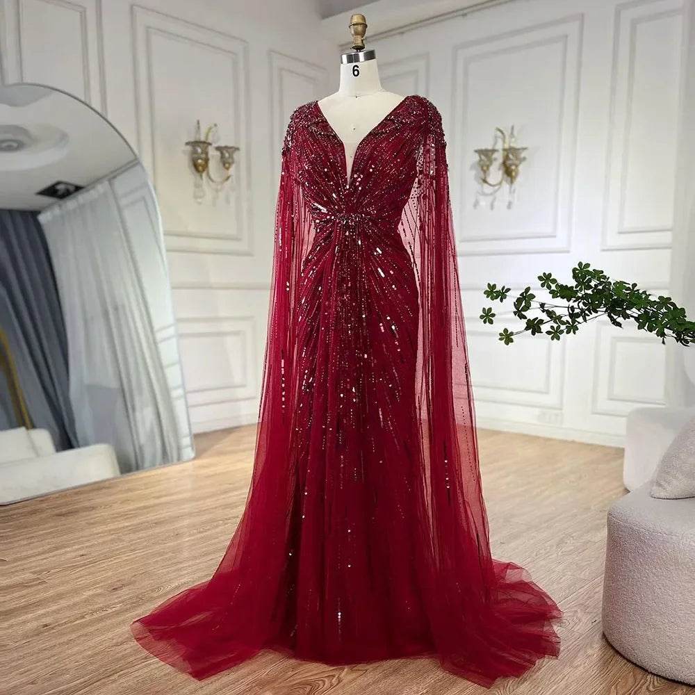 Serene Hill Turquoise Mermaid Evening Dress with Beaded Cape Sleeves - Buy Center