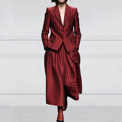 Beautyblue Women's Vintage Blazer Set - Striped Trousers & Long Sleeves - Buy Center