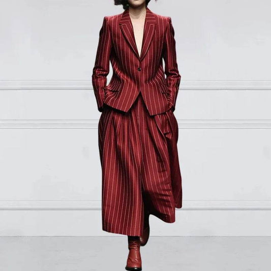 Beautyblue Women's Vintage Blazer Set - Striped Trousers & Long Sleeves - Buy Center