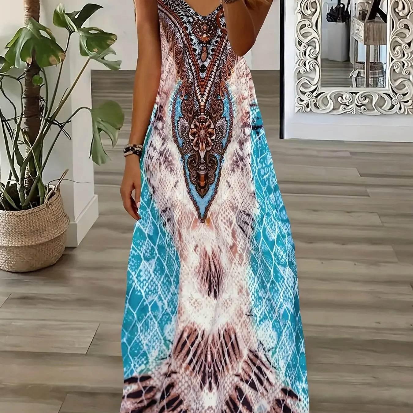 Summer Sleeveless Beach Dress - Geometric Print, Loose Fit for Women - Buy Center