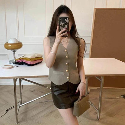 TEROKK Women's V-Neck Knitted Vest - Slim Fit, Solid Color Style - Buy Center