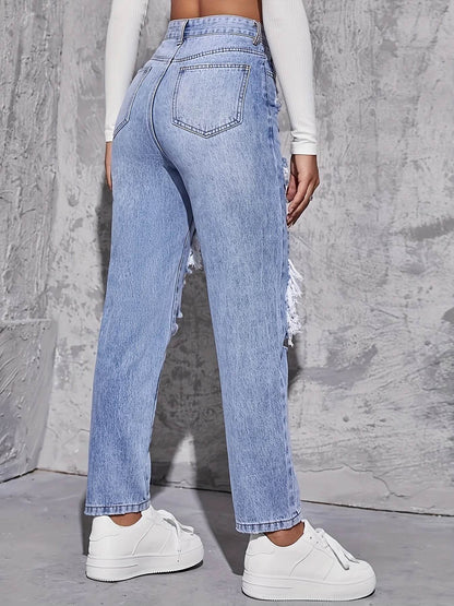 American Retro High Waist Hole-Punched Jeans for Women - Loose Fit - Buy Center
