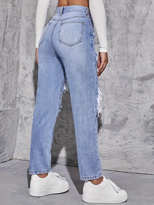 American Retro High Waist Hole-Punched Jeans for Women - Loose Fit - Buy Center
