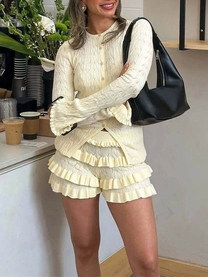 Tossy Women's Summer Knit Ruffled Cardigan and Shorts Set - Buy Center