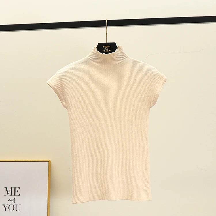 Fictitni Women's Mock Neck Knit Crop Top - Classic Summer Basic - Buy Center