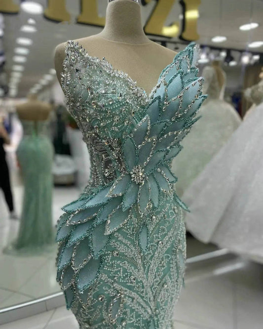 Mint Green 3D Flower Mermaid Dress - Sparkling Leaf Design for Events - Buy Center