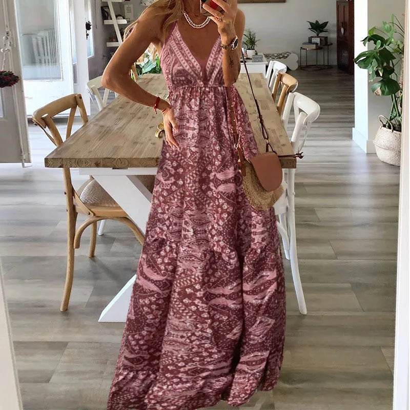Bohemian V-Neck Floral Dress - High Waist Spaghetti Strap Style - Buy Center