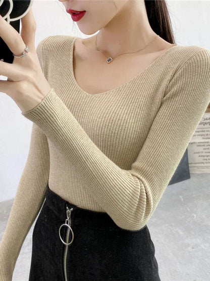 AOSSVIAO Women’s V Neck Sweater - Casual Slim-fit Long Sleeve Top - Buy Center