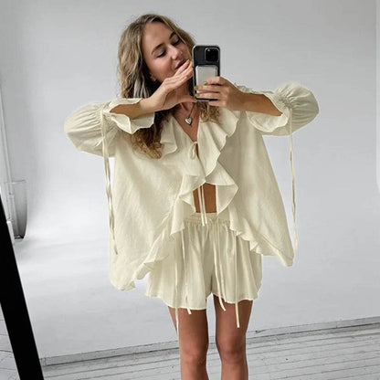 Tuularose Women's Ruffled Tie Top & Shorts Set - Casual Office Style - Buy Center