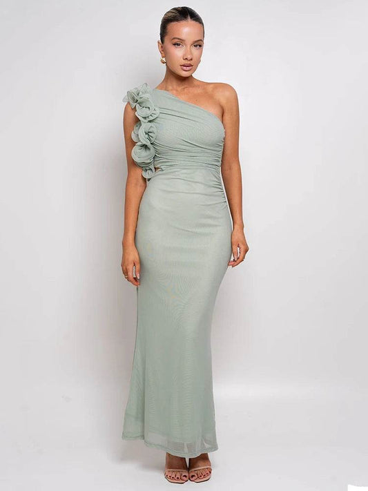Mozision Sexy Ruched Maxi Dress - Floral Mesh, Sleeveless Design - Buy Center