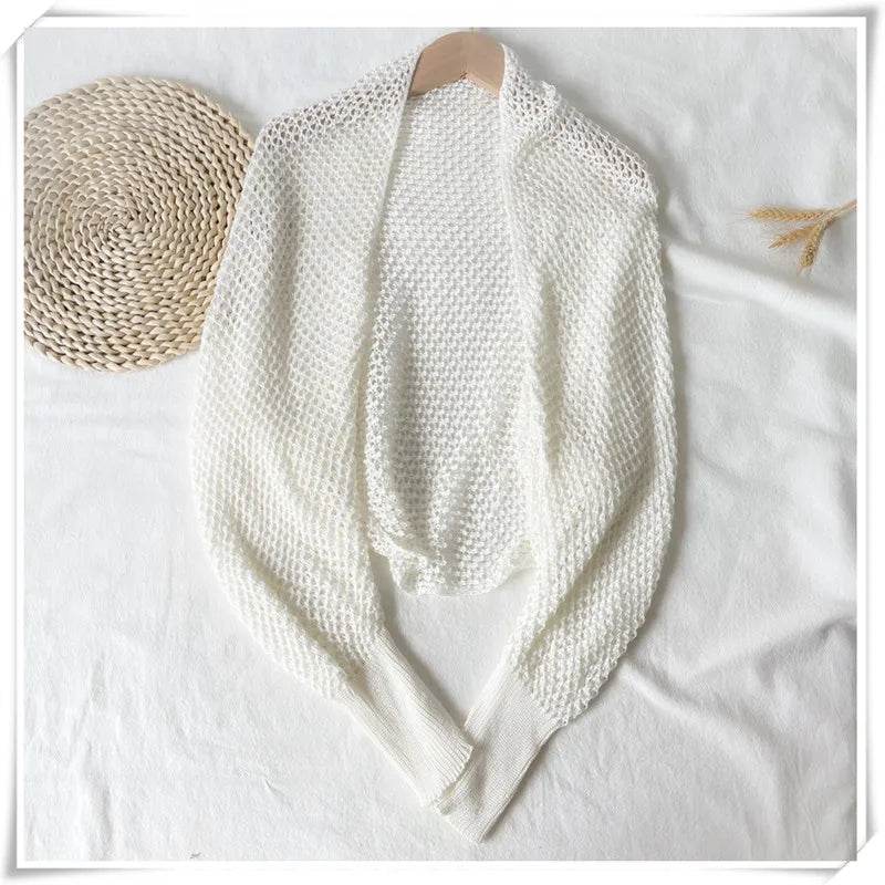 Fictitni Crochet Shrug Cardigan - Sheer Open Knit, Long Sleeve - Buy Center