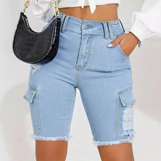 Wulend Women's High Waist Distressed Denim Shorts - Casual Patchwork Style - Buy Center