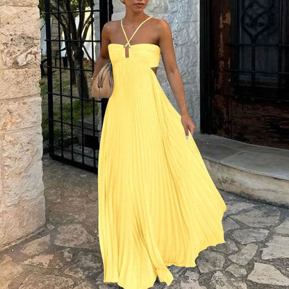 ELSVIOSE Blue High Waist Pleated Dress - Sexy Halter Sleeveless Summer - Buy Center