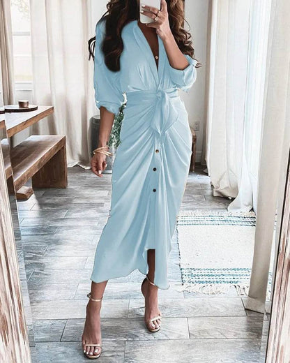Summer Women’s Bandage Ruched Dress - Elegant V-Neck Casual Wear - Buy Center