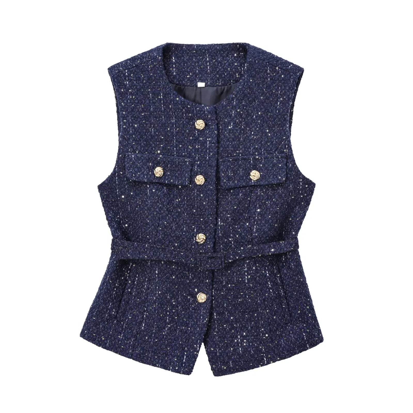 TRAF Women's Sequin Sleeveless Vest - Vintage Button Outerwear - Buy Center