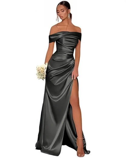 Stunning Off The Shoulder Satin Mermaid Prom Dress - High Split Design - Buy Center