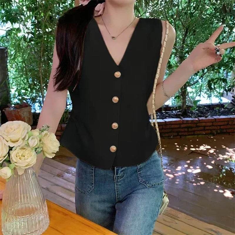 Fictitni Women's Gold Button Front Vest - Chic Spring Summer Style - Buy Center