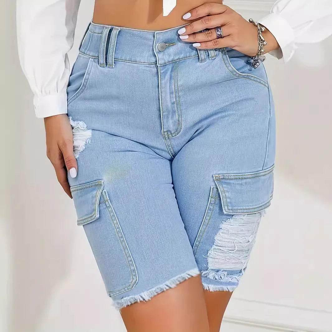 Wulend Women's High Waist Distressed Denim Shorts - Casual Patchwork Style - Buy Center